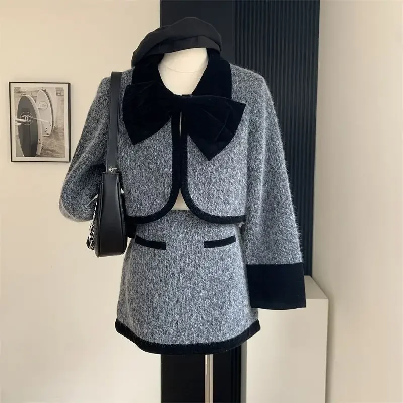 UNXX Autumn Winter Tweed Blazer Women Small Fragrant Style Celebrity Temperament Long Sleeves Coat + Mini Skirt Two-piece Sets