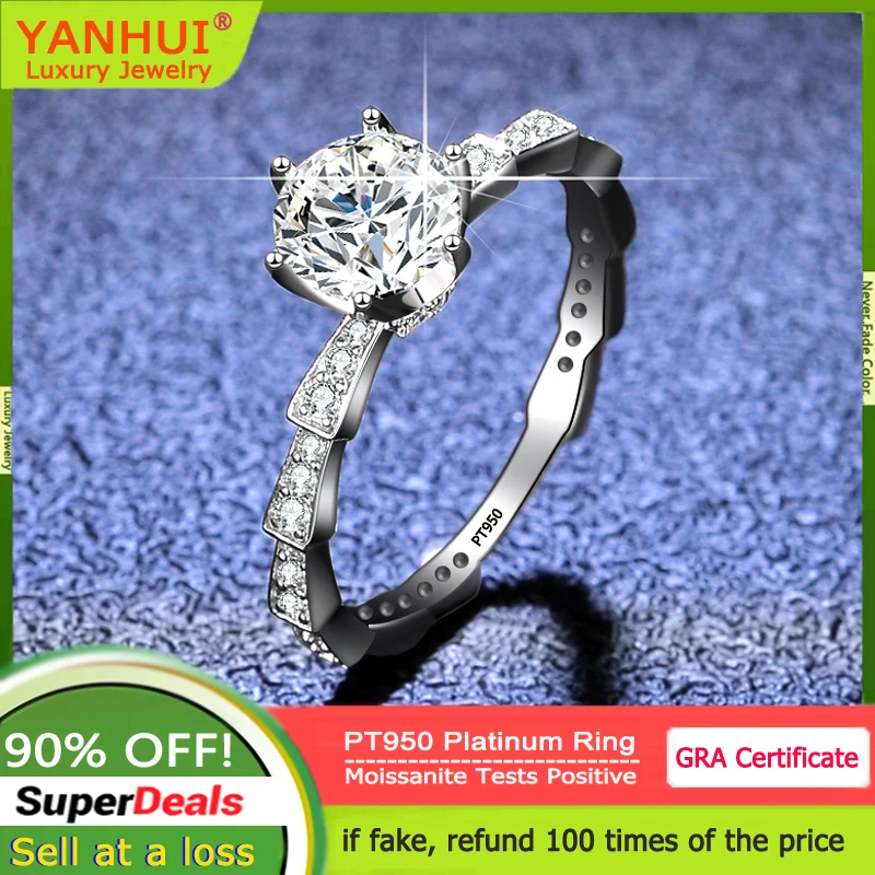 

YANHUI 100% Luxury PT950 Platinum Rings 1 Carat D Color Moissanite Slub Rings for Women Wedding Fine Jewelry Accessories Gift