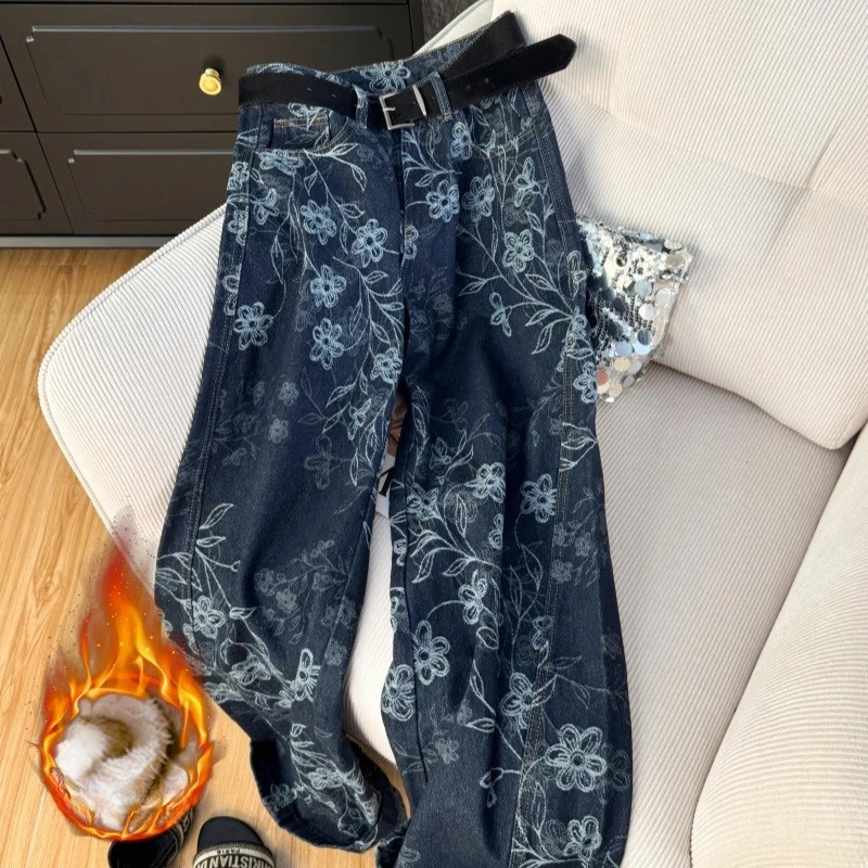 

Winter High-waisted Niche Fashion Fleece Thickened Straight-leg Pants Top Grade Women Wear Blue Retro Commuter Embroidered Jeans