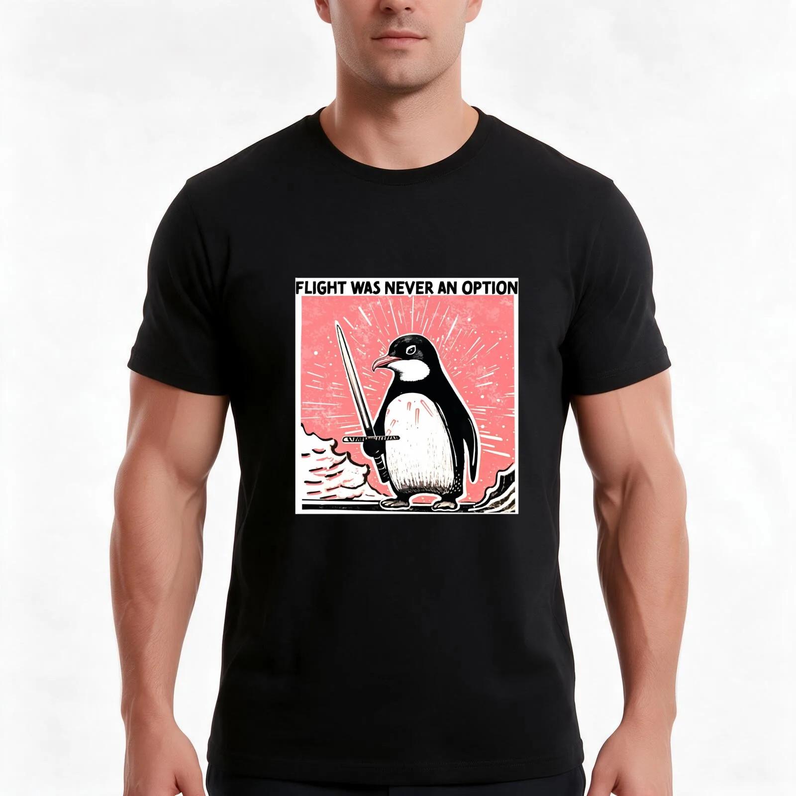 Penguin with sword, flight was never an option T-Shirt, Summer Casual Cotton Tee, Oversized Streetwear Tops, Unisex Men Women