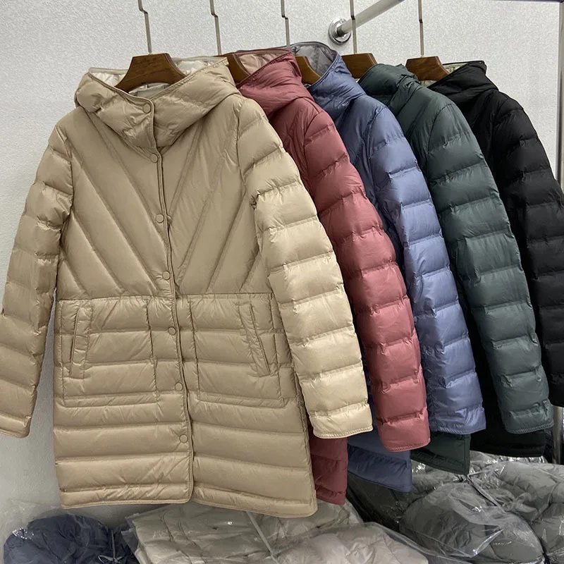 Reversible Hooded Down Coat 2023 Autumn Winter Women Light White Duck Down Jacket Parkas Ladies Warm Midi Long Puffer Outwears