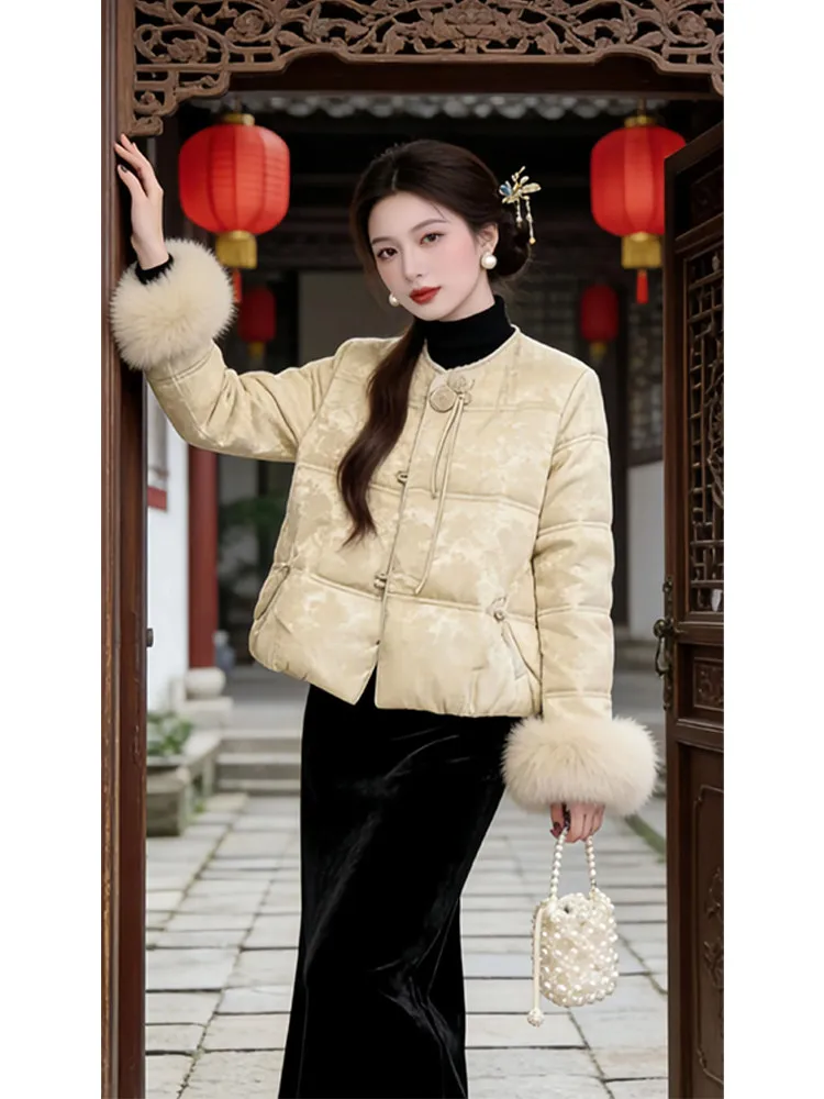 

Elegant Retro Chinese Style Women's Cotton Jacket Autumn Winter Warmth Design Sense Outerwear Fashionable Commute Loose Fit