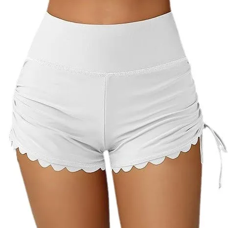 Women's Swimwear Shorts High Waist Scalloped Hem Swim Shorts Side Tie Bikini Bottoms Poolside Modest Swimwear Beach Shorts