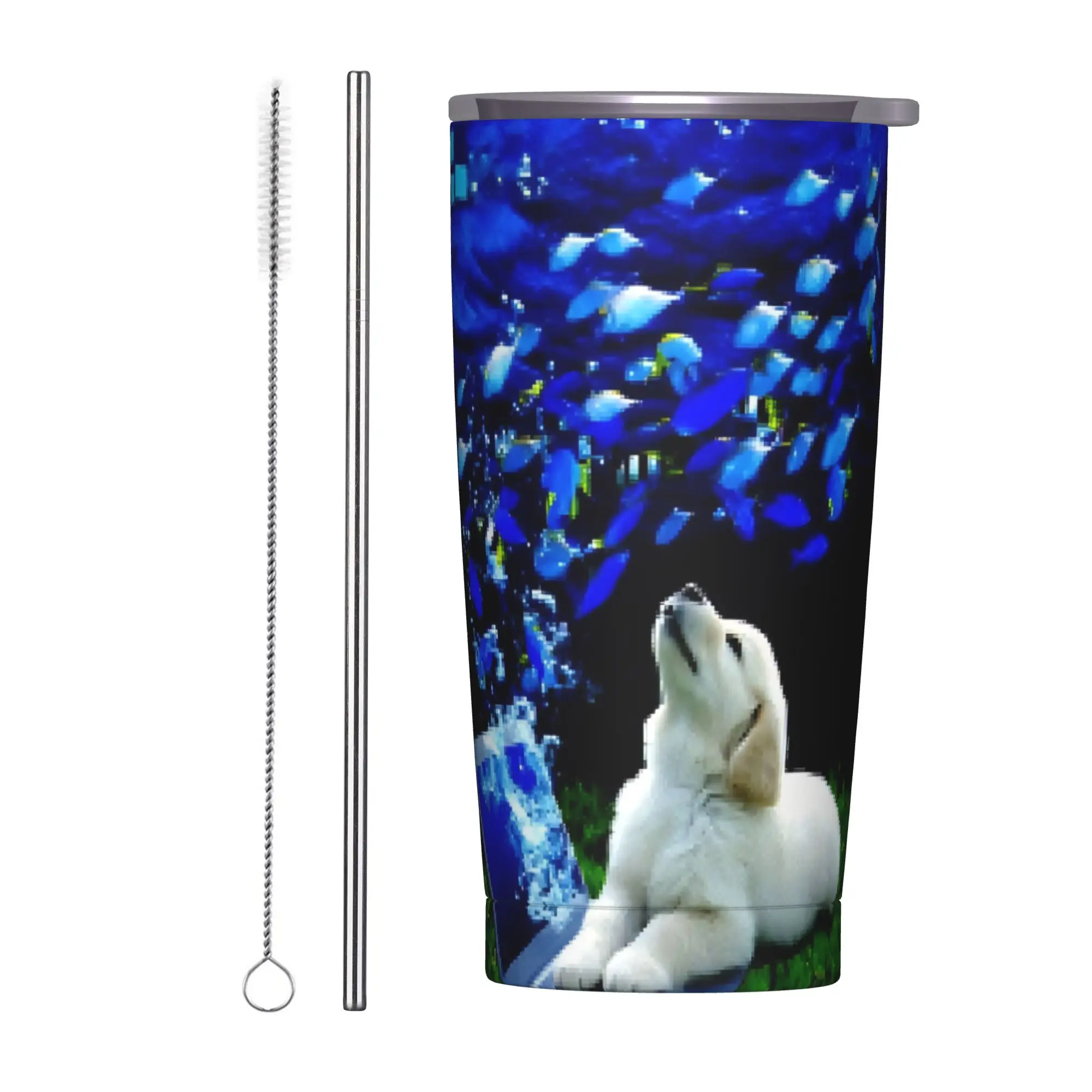 Pixelated Frutiger Aero Dog Insulated Tumbler with Straws Lid  Stainless Steel Coffee Mugs Office Home Bottle Cup, 20oz