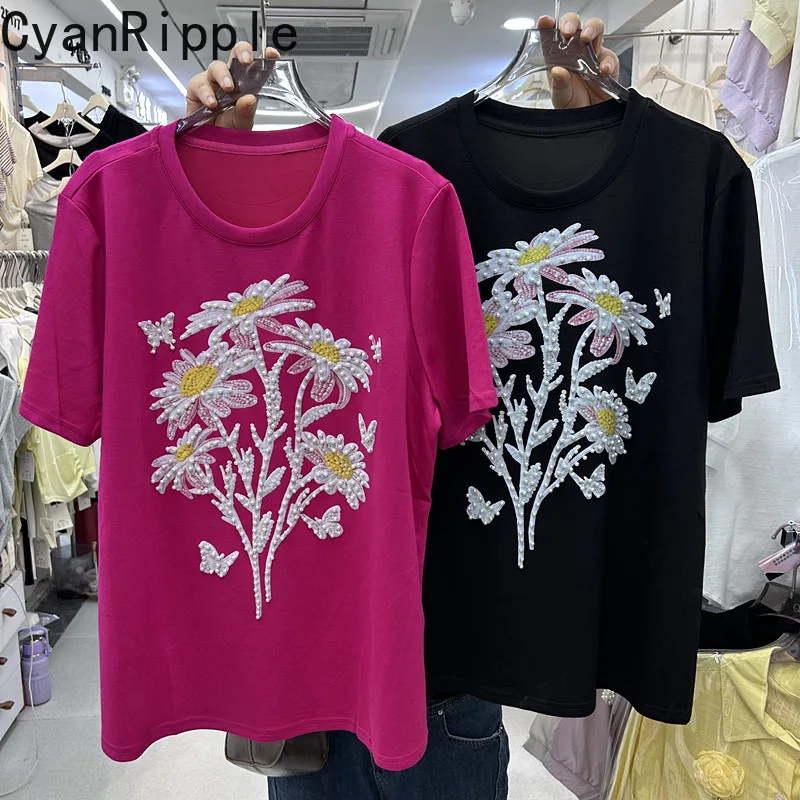 2026 New Summer Fashion Women Short Sleeve T-shirt Beading Flowers All-match Round Neck Pullover Top Casual Cotton Basic Tees