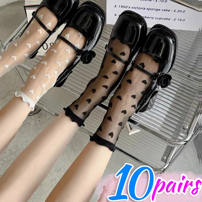 

Lace Socks Women Sexy Ruffled Love Heart Pattern Transparent Sheer Mesh Sweet Glass Fiber Crystal Silk Middle Tube Stockings