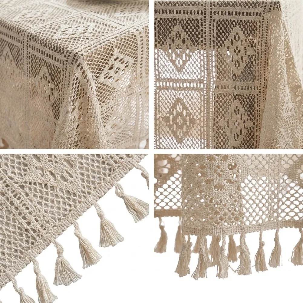 Geometric Diamond Hollow Lace Table Cover With Tassel Hem For Tea Party Decor Synthetic Fiber Cloth 140x140cm