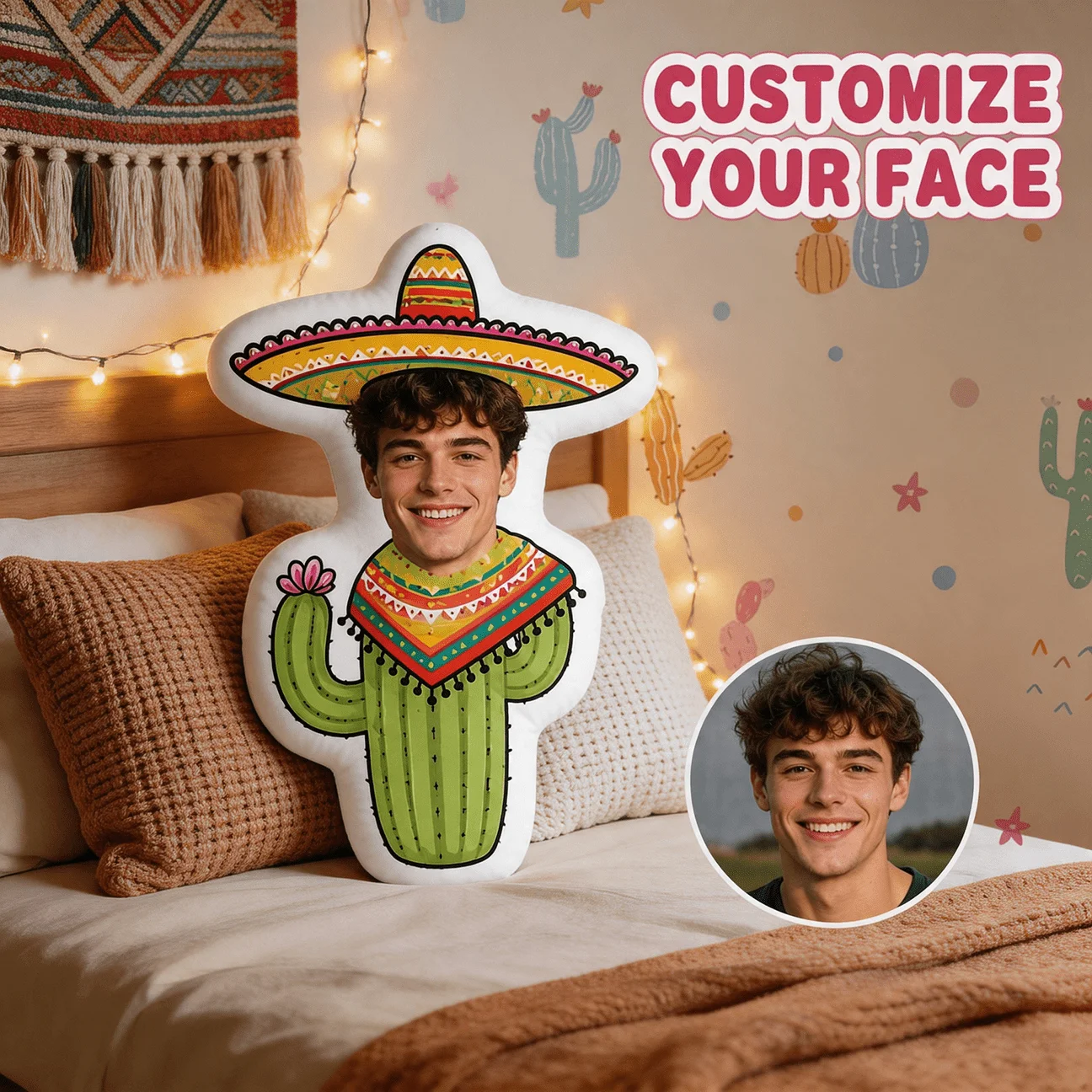 Custom Photo Cactus Shaped Pillow, Personalized Face with Sombrero & Poncho Decorative Cushion, 70cm Funny Home Decor Accent for