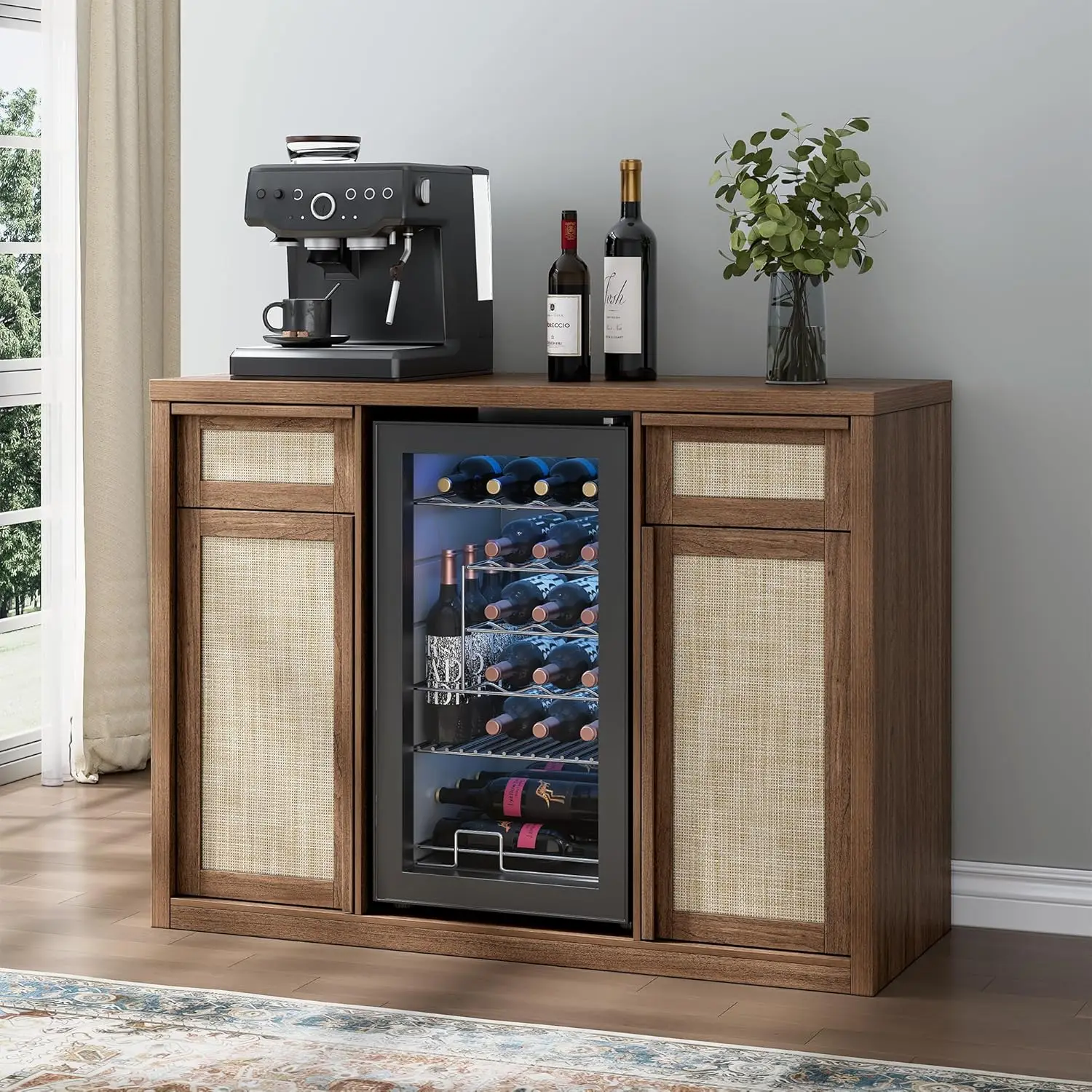 Rattan Coffee Bar Cabinet with Mini Fridge Space, Boho Coffee Station Cabinet with Wine Storage & Drawers,, Customized