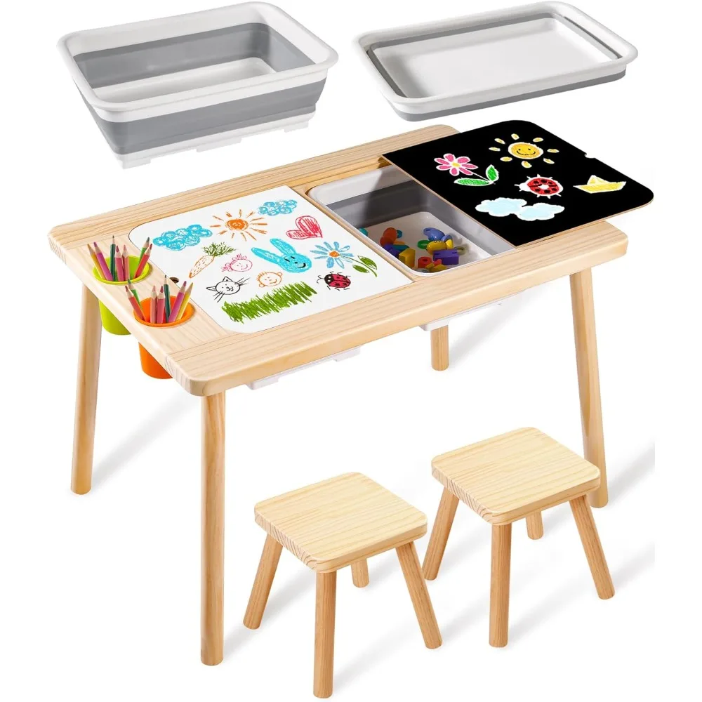 

Children's Sensory Table with 2 Stool, Multifunction Toddler Play Sand Table Indoor Art Table Drawing Table for Kids, Toddler Se