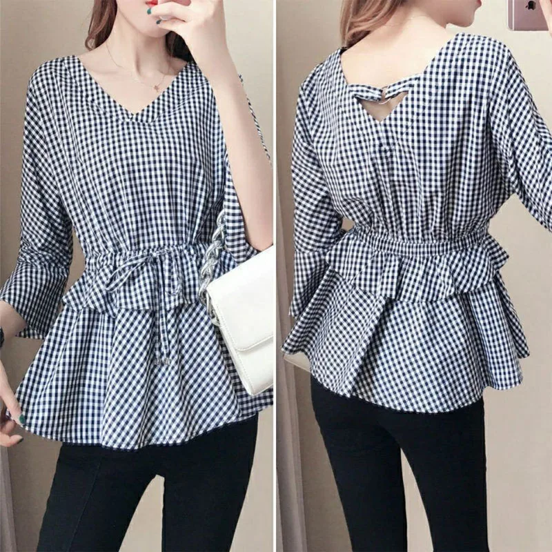 Summer New V-Neck Elegant Women Plaid Blouses Vintage Fashion Shirring Slim Waist Shirt Commuter Femme Three Quarter Sleeve Tops