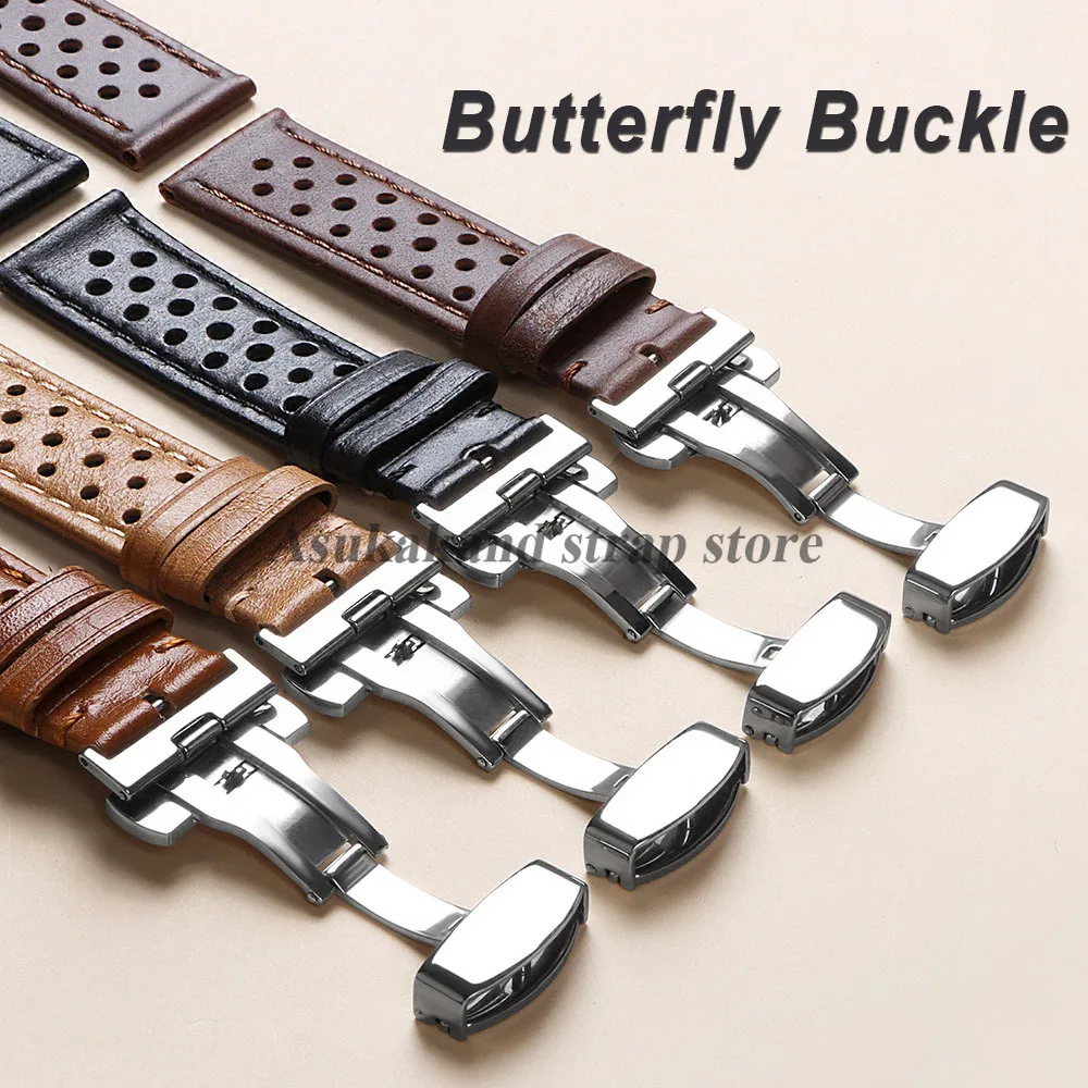Pulseira vintage pulseira de relógio 18mm 20mm 22mm para samsung watch 7/6/5/4 cinto genuíno pulseira de couro para tag heuer masculino fivela borboleta