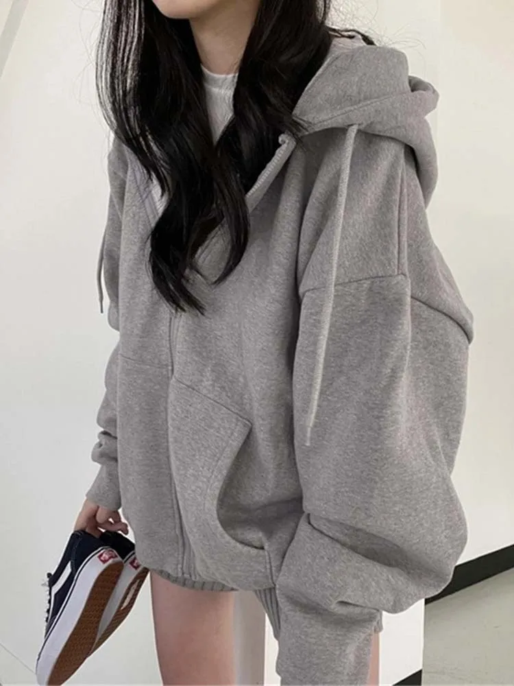 Women Hoodies Harajuku Korean Version Loose  Sweatshirts Vintage Solid Color Long Sleeve Hooded Sweatshirt Zipper Coats