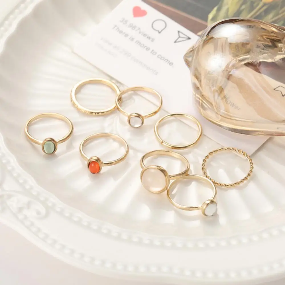 8pcs/set Vintage Colorful Stone Ring Set Metallic Chain Trendy Irregular Geometry Hit Rings For Women Girls Jewelry Gifts image 4
