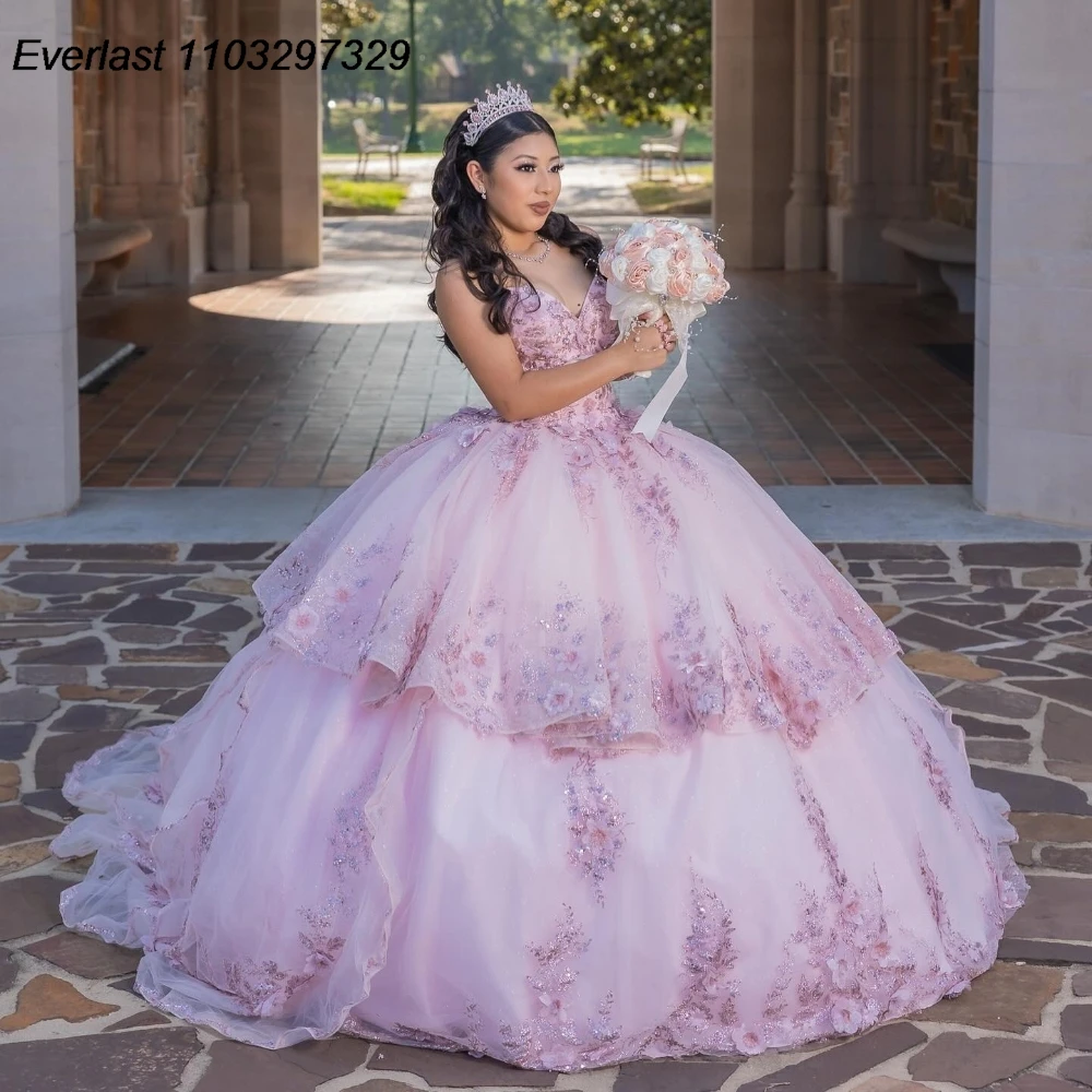 

EVLAST блестящее сиреневое Лавандовое платье Quinceanera бальное платье 3D Цветочная аппликация искусственное милое 16 платье для 15 лет QD1151