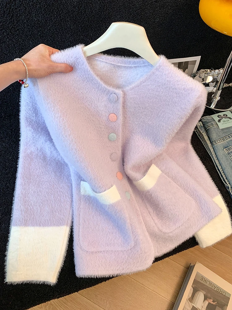 

Осень-зима 2021, новый женский кардиган контрастного цвета с яркими пуговицами, модный милый свитер с круглым вырезом