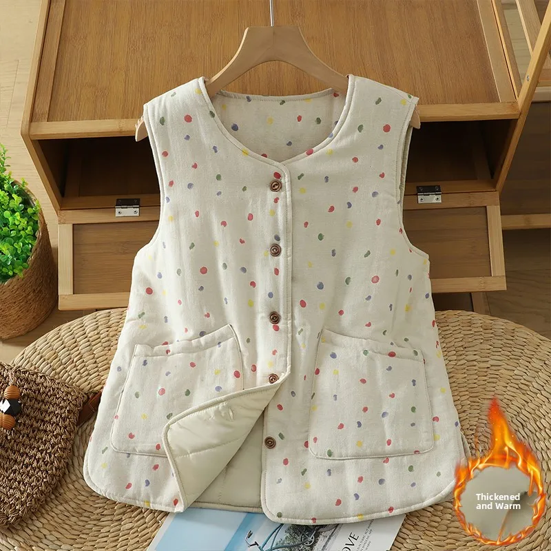 

Хлопковый жилет в горошек, женский теплый художественный кардиган на пуговицах в стиле ретро, круглый топ на одной пуговице