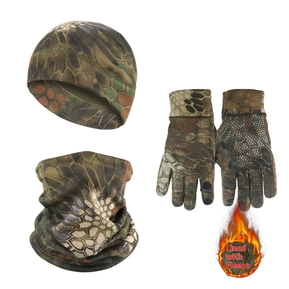 3 Pcs Hunting Gloves Beanie and Scarf Set for Men Women Camouflage Thermal Face Cover Fleece-Lined Cold Weather Outdoor