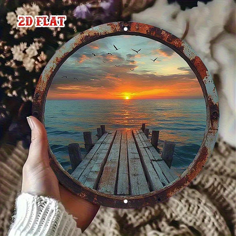 2D Vintage Metal Sign Round Aluminum Wall Art Nautical Sunset Seascape Home Cafe Garage Decorative Plaque Flat