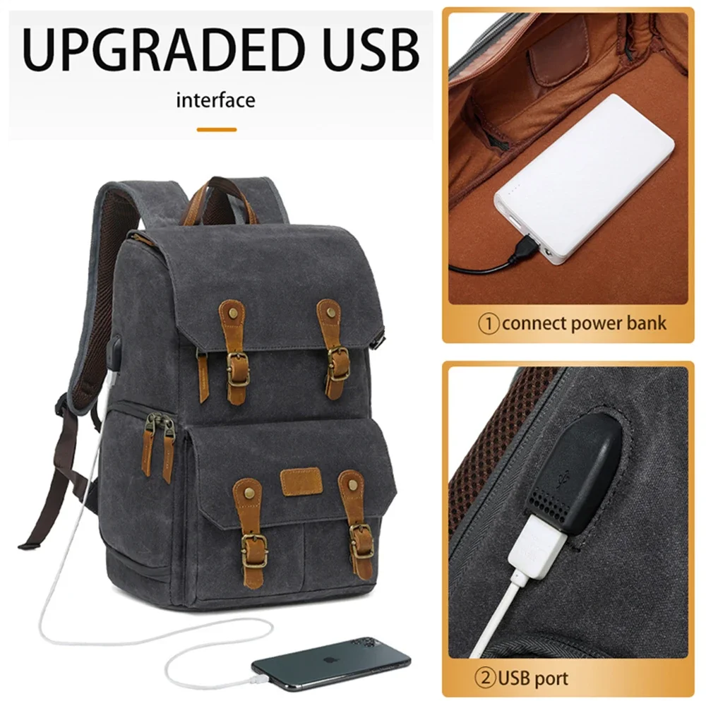 Photography Classic Batik Canvas Backpack USB Port Fit 15.6inch Laptop Waterproof Men Camera Bag Carry Case for DSLR Drones