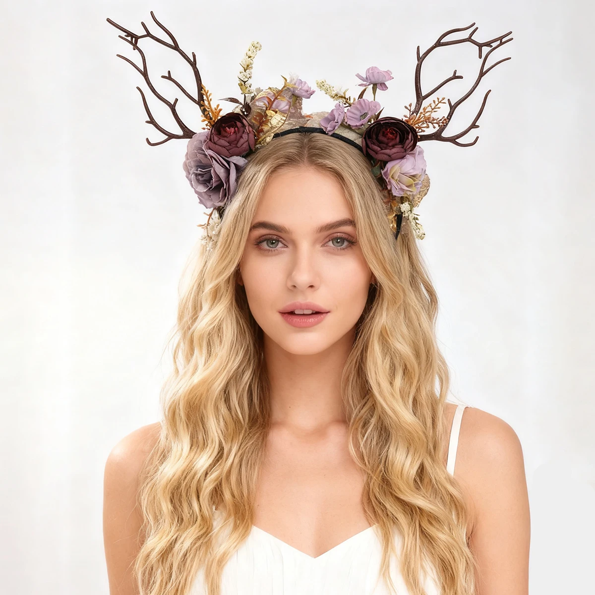 Vintage Haarband mit Hirschgeweih und Blumen im Wald-Stil – Realistisches lila Rosenzweig-Stirnband – Halloween- und Weihnachts-Cosplay-Fotorequisite – Detail 1