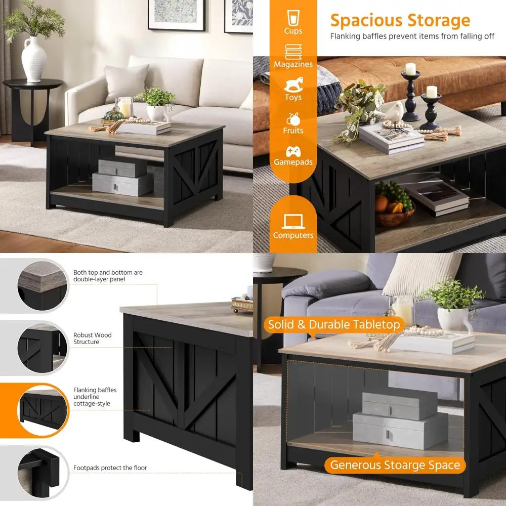 

Square Wooden Storage Coffee Table for Living Room, 31.5 Inches Dining Center Table with Open Shelves