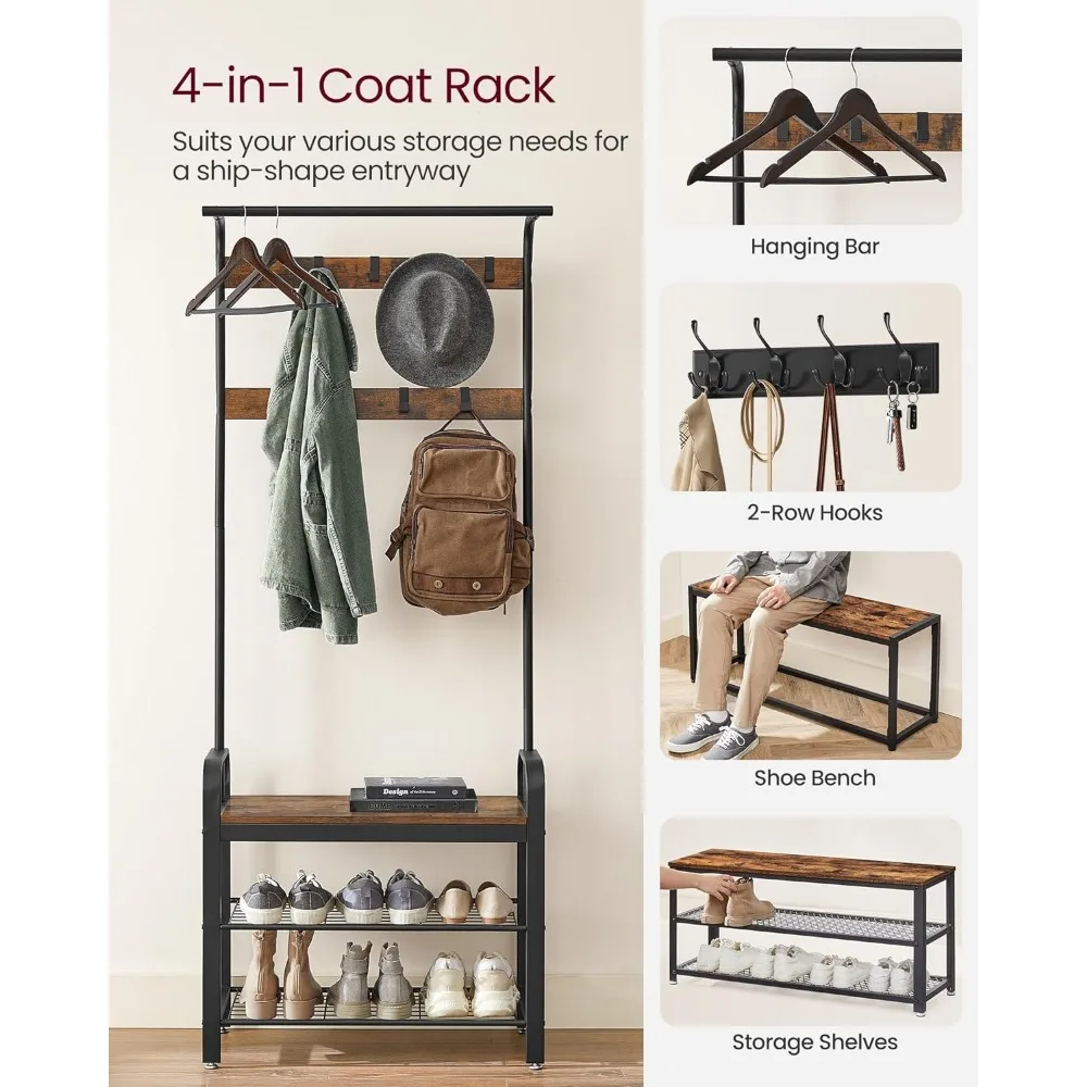 Coat Rack, Hall Tree with Shoe Bench for Entryway, Entryway Bench with Coat Rack, 4-in-1, with 9 Removable Hooks, a Hanging Rod