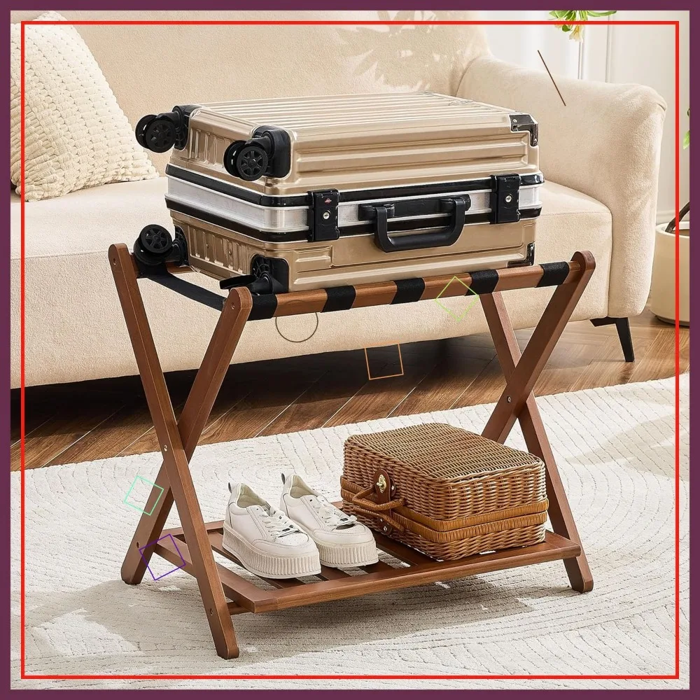 

Fully Assembled Bamboo Luggage Rack with Storage Shelf, Heavy Duty Folding Suitcase Stand for Guest Room and Hotel