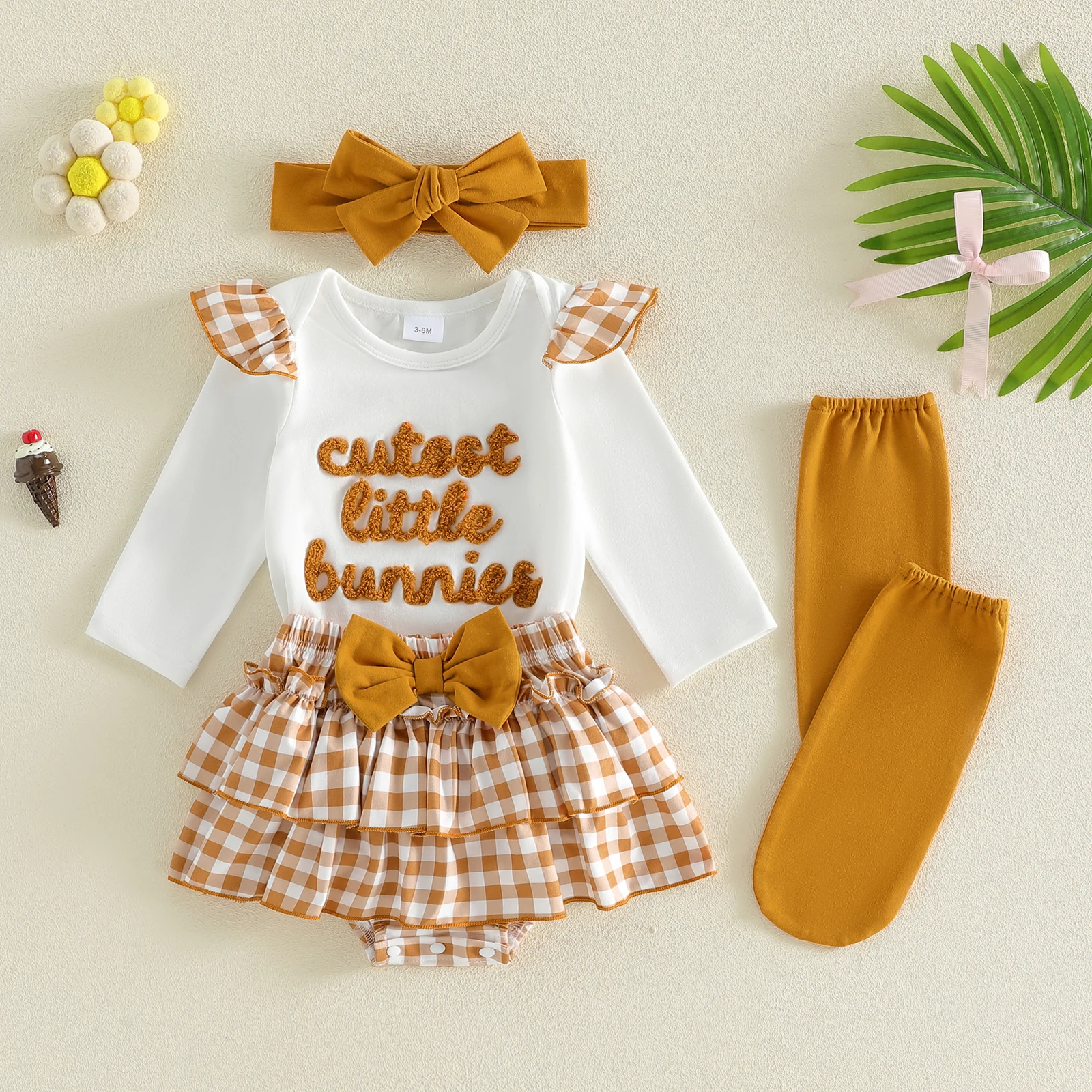 

Праздничный комплект для девочек 0-18 месяцев: комбинезон с длинными рукавами и принтом, шорты в клетку с рюшами, милая повязка на голову и носочки