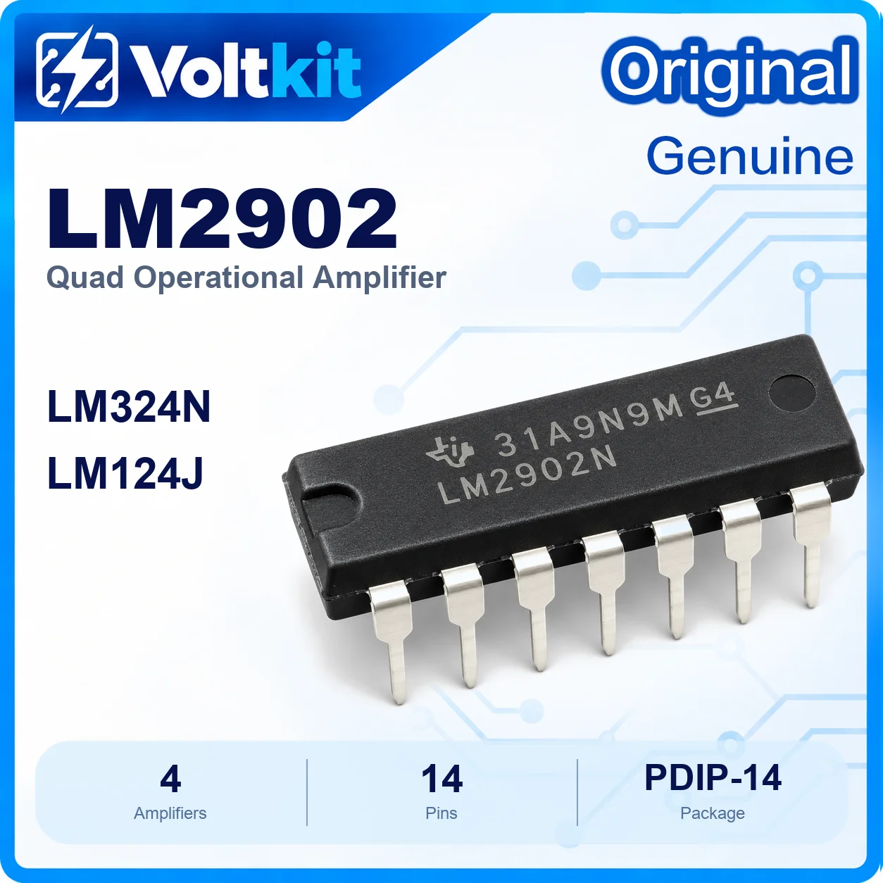 5PCS LM2902N LM2902 DIP-14 Automotive Quad Operational Amplifier -40 to 125C Wide Temp Op Amp LM324N LM124J