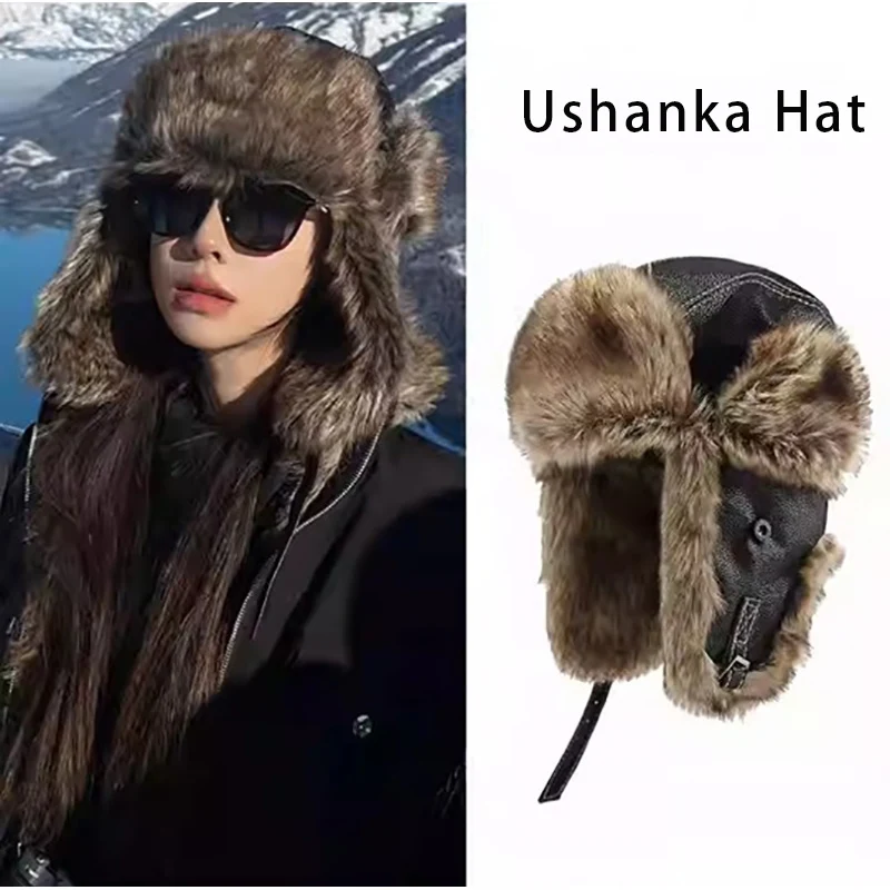 Extreme Cold Luxury Faux Leather Thick Authentic Ushanka Hat Plush Long Pile Men Trapper Hat Winter Windproof Women Aviator Cap