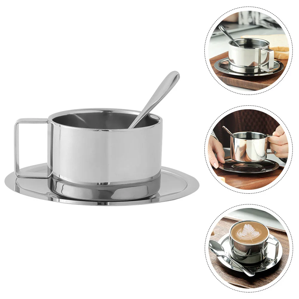 

1Set Coffee Cup with Spoon Stainless Steel Unbreakable Water-Resistant Mug for Home Camping Office Use Smooth Safe Handle