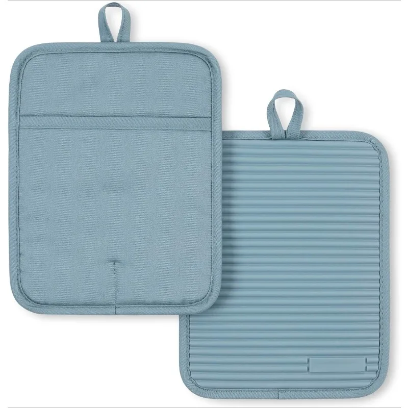 Ribbed Soft Silicone Pot Holder 2-Pack Set, Fog Blue, 7