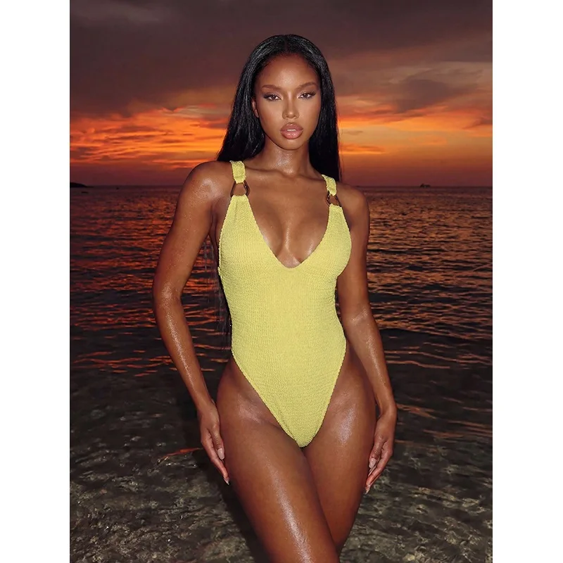 Textured One Piece Swimsuit Deep V Wide Strap Metal Ring Detail High Cut Tummy Control Bathing Suit Summer Beach Pool Swimwear