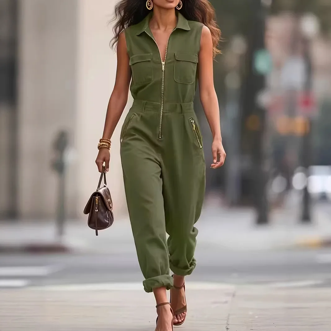 Women's Sleeveless Collared Zip Up Jumpsuit Utility Cargo Pockets Casual One Piece Streetwear Romper