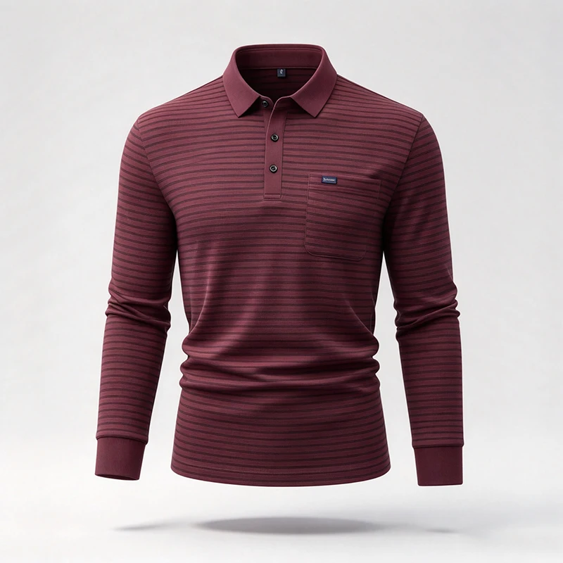 Herren-Polohemd mit langen Ärmeln und Brusttasche, gestreift, lässiger Business-Look, Herbst, Alltag, weich, atmungsaktiv, Herrenbekleidung. – Detail 7