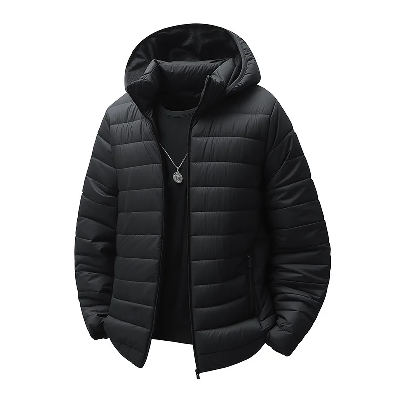 

2025 Autumn Winter New Men Hooded Lightweight Cotton Padded Short Puffy Jacket Black Casual Trendy Warm Windproof
