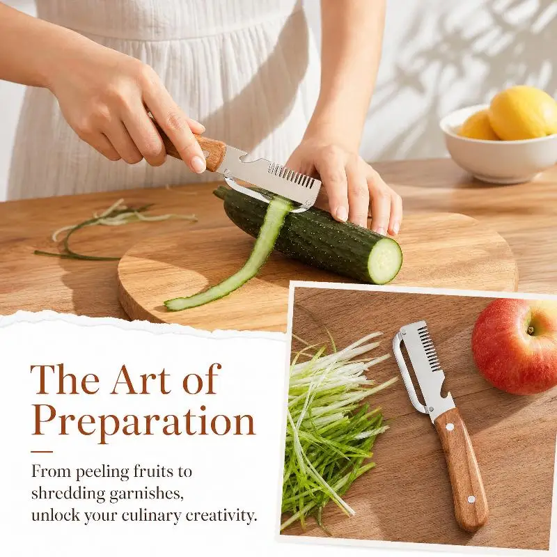 3-in-1 Stainless Steel Peeler, Serrated Slicer & Bottle Opener with Wooden Handle, for Vegetables and Fruits, Multi-Purpose Tool