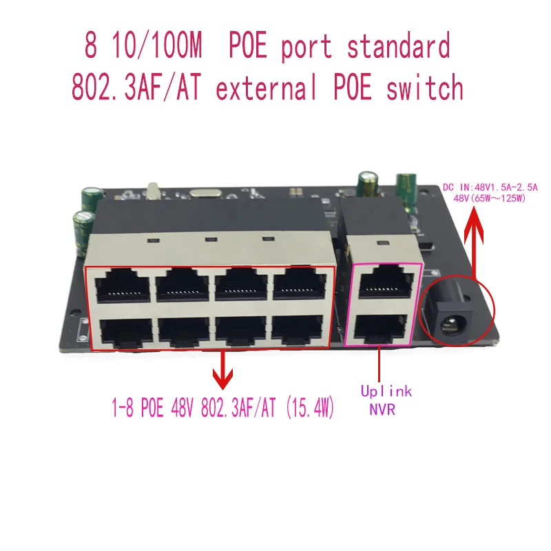 

Стандартный протокол 802.3AF/AT 48 в POE OUT/48 В poe коммутатор 100 Мбит/с POE poort;100 Мбит/с UP Link poort; poe включен коммутатор NVR