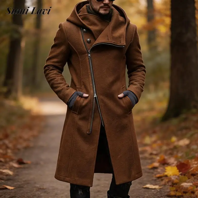 2026 Fall Winter Hooded Zipper Long Wool Coat Mens Slim Fit Warm Windproof Mid‑Long Casual Outerwear Tops For Men