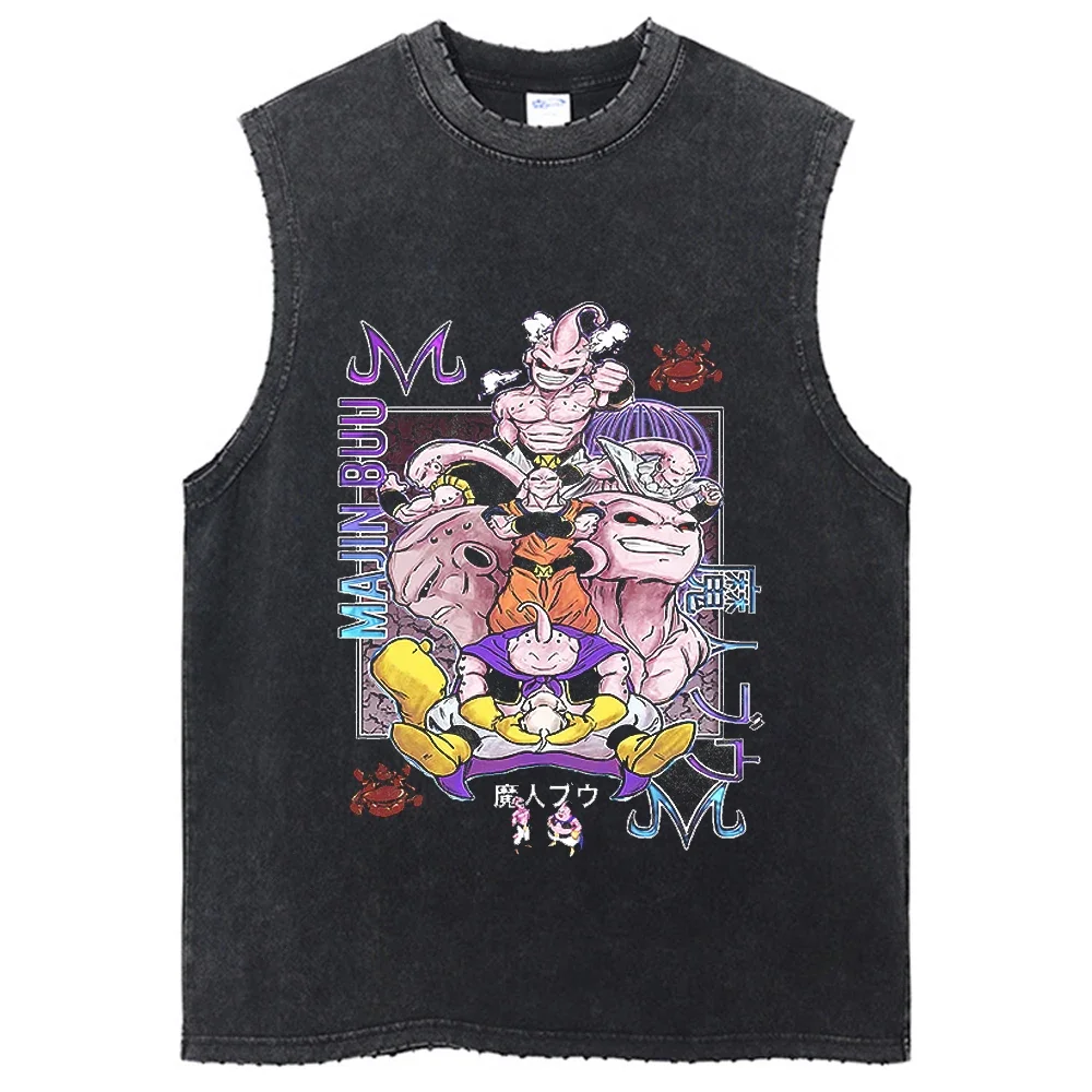 Men Vintage Sleeveless T-Shirt Dragon Ball Anime Oversized Tank Tops Tees Cotton Casual Washed Black Harajuku Vest T-shirt