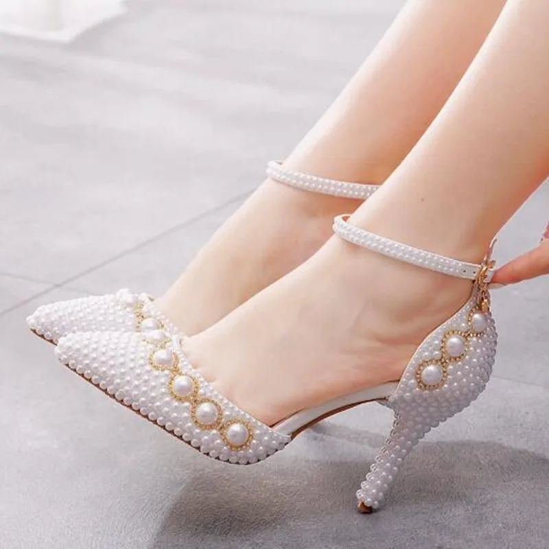 New Rhinestone Full Pearl High-heeled Sandals  Fashion Bead Chain Banquet Wedding Bridal Stage Performance Women's Shoes 34-43