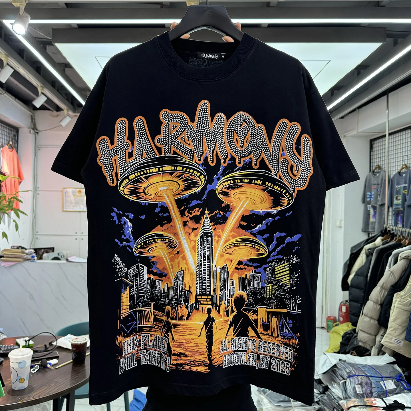 Harmony Glitter Letter Flying Saucer Pattern Printed American Street Retro Loose Hip Hop round Neck Short Sleeve T Shirt Trendy