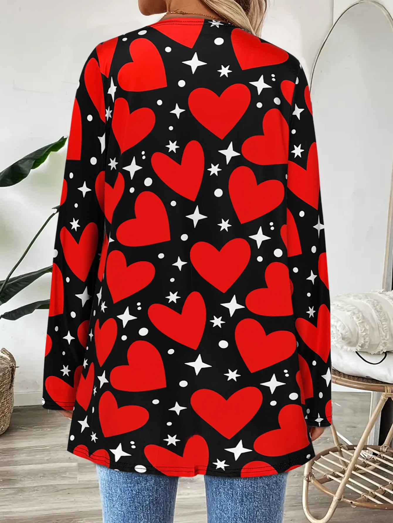 Women Red Black Heart Star Print Cardigan Long Sleeve Open Front Loose Mid Length Outerwear Casual Daily Standard Size