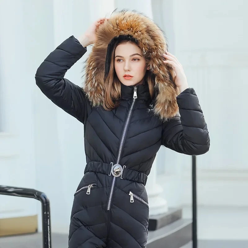 

Women Zipper Plush Hooded Warm Jumpsuits Winter Parkas Jumpsuits Women's Long Sleeve Stand Collar Ski Parkas Jumpsuits
