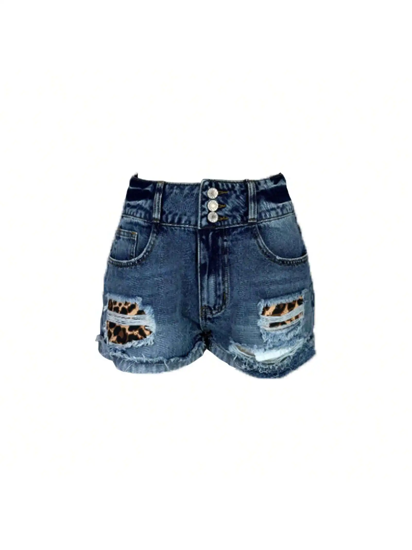 

Women's High Waisted Denim Shorts 2025 Trendy Ripped Leopard Patch Button Front Distressed Hem Casual Summer Jeans
