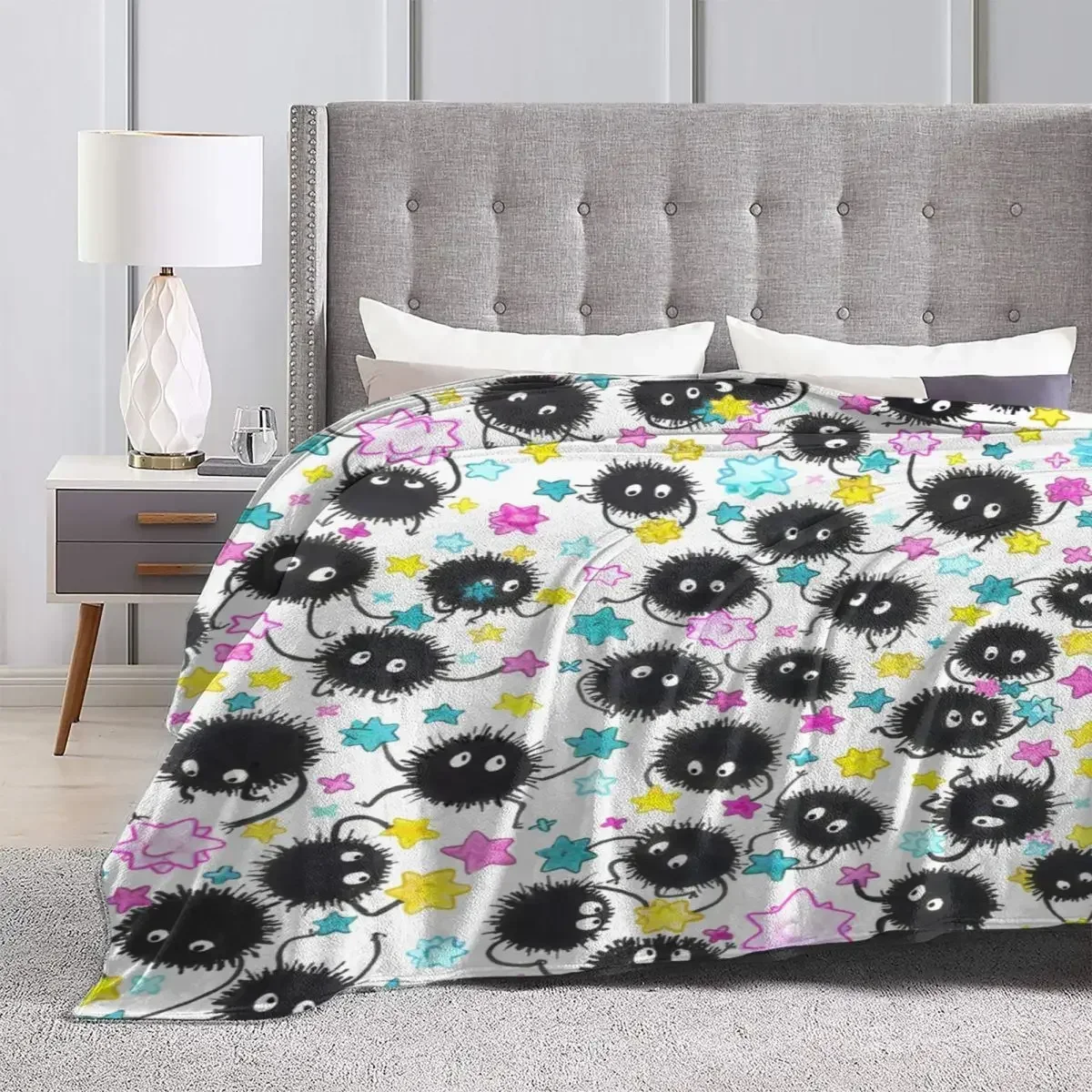 Dust Soot Sprites Balls Flannel Blanket Quality Super Soft Colorful Star Throw Blanket Winter Camping Outdoor Print Bedspread