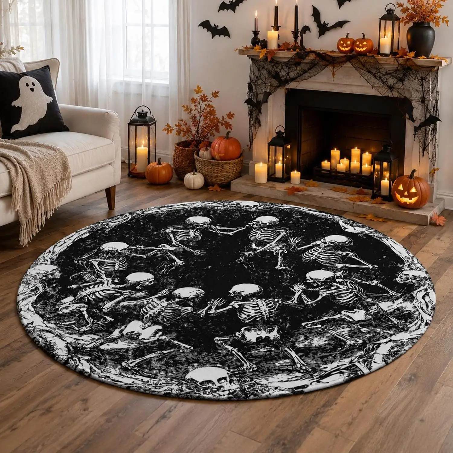 【Room Decoration Carpet】Skull Dance Round Carpet, Gothic Halloween Round Carpet, Spooky Skull Decoration, Dark Gothic Floor Mat, Halloween Party Carpet