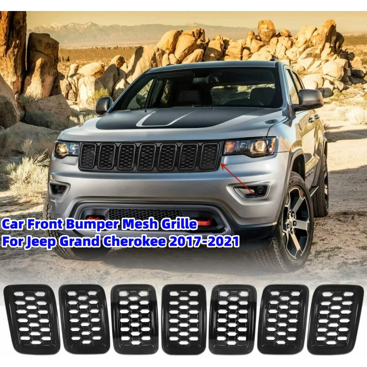 

Glossy Black/Chrome Front Bumper Grille Honeycomb Mesh Grill Cover Trim Decor For Jeep Grand Cherokee 2017 2018 2019 2020 2021