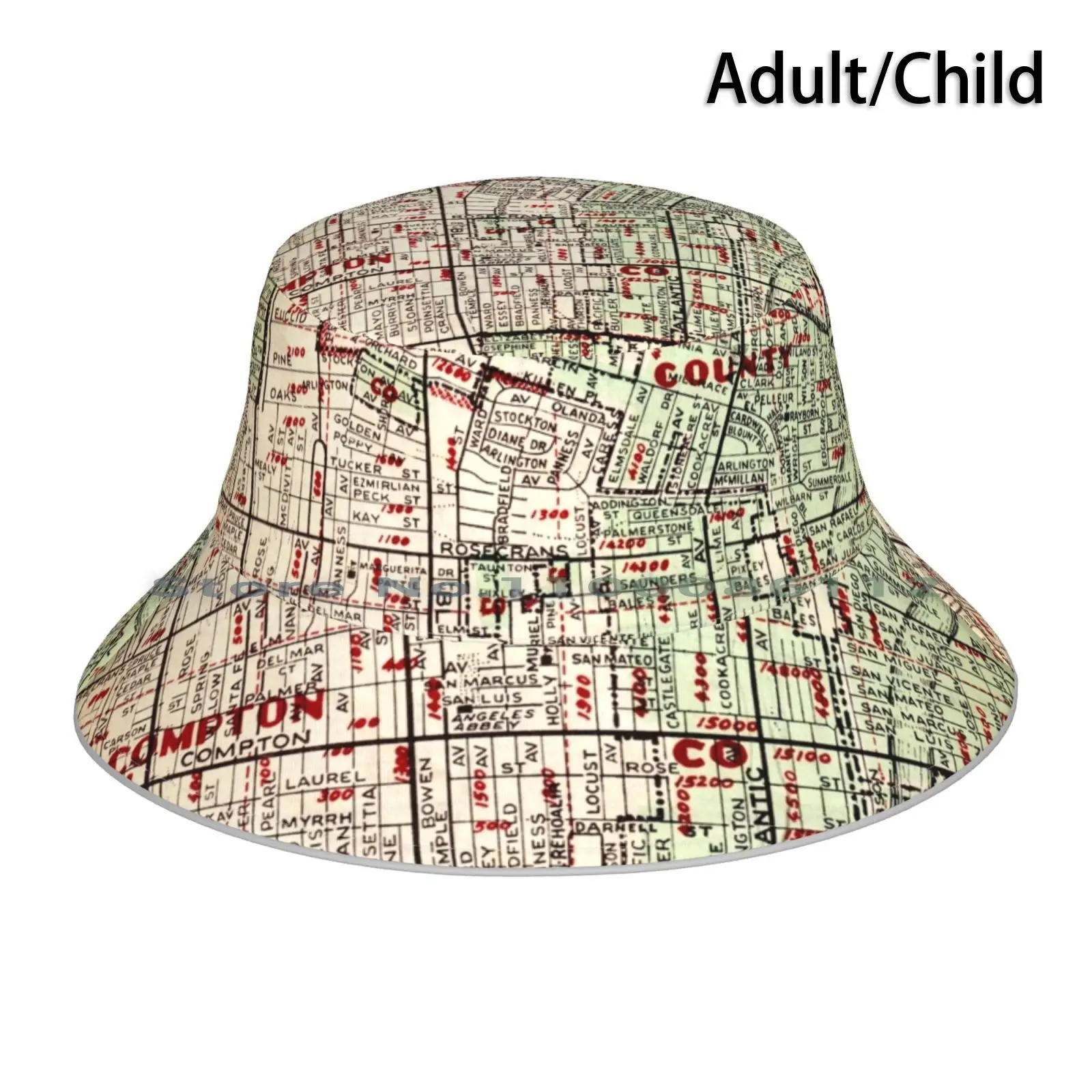 Compton North Long Beach Bucket Hat Sun Cap Vintage 1950s Urban City Hometown Neighborhood Map Cartography Foldable Outdoor